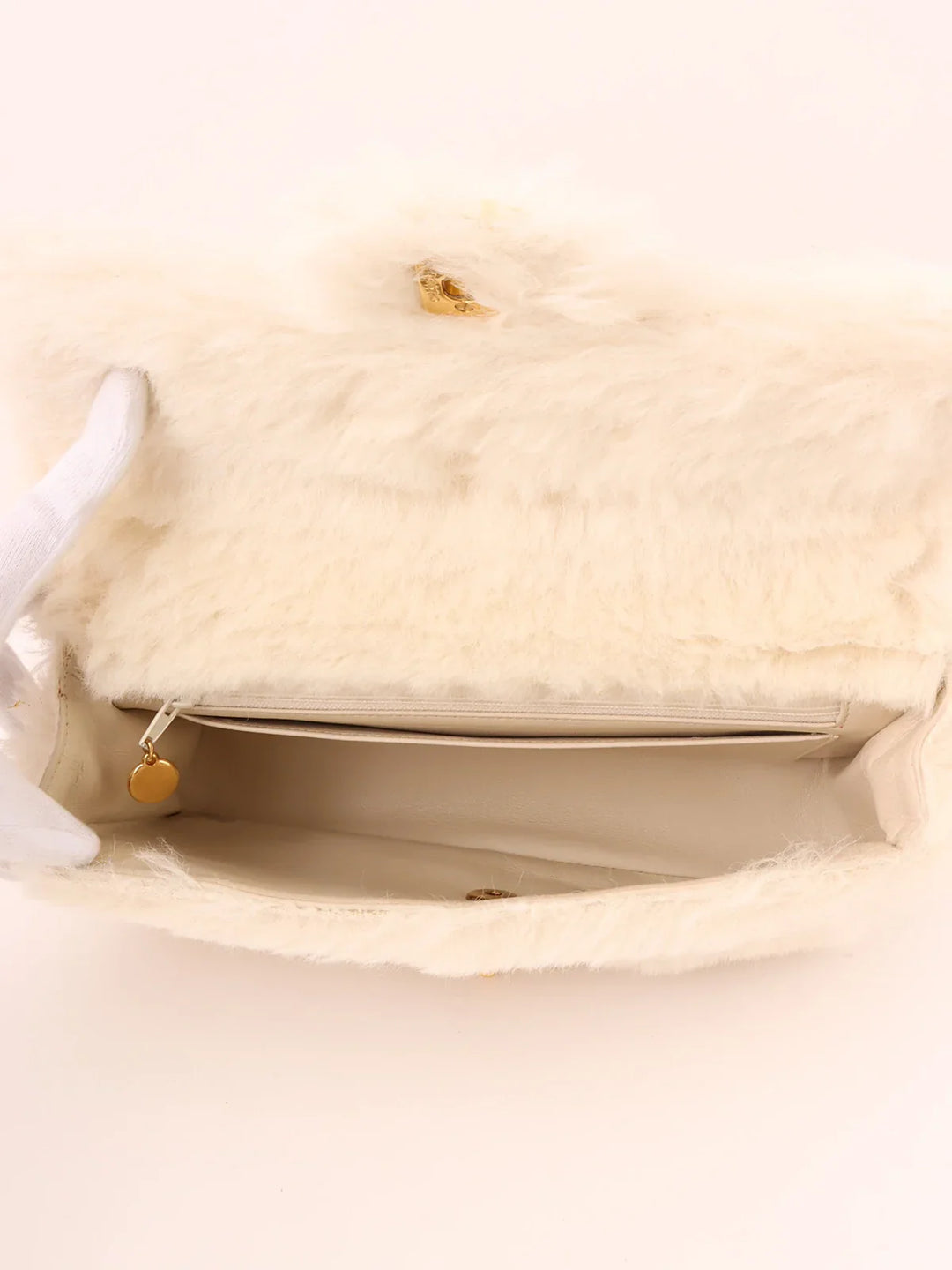 Chanel Around 1992 Made Fur Turn-Lock Top Handle Bag Off White