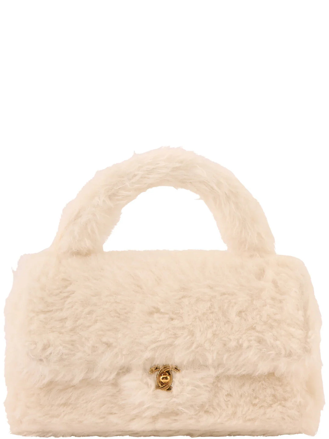 Chanel Around 1992 Made Fur Turn-Lock Top Handle Bag Off White