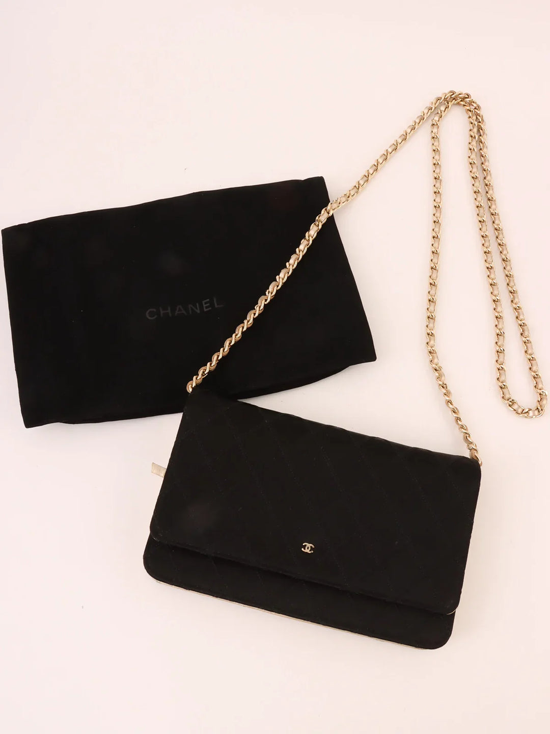 Chanel Around 2014 Made Silk Satin Mini Cc Mark Plate Wallet On Chain Black/Champagne Gold