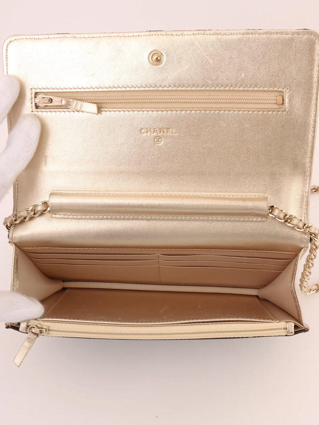 Chanel Around 2014 Made Silk Satin Mini Cc Mark Plate Wallet On Chain Black/Champagne Gold