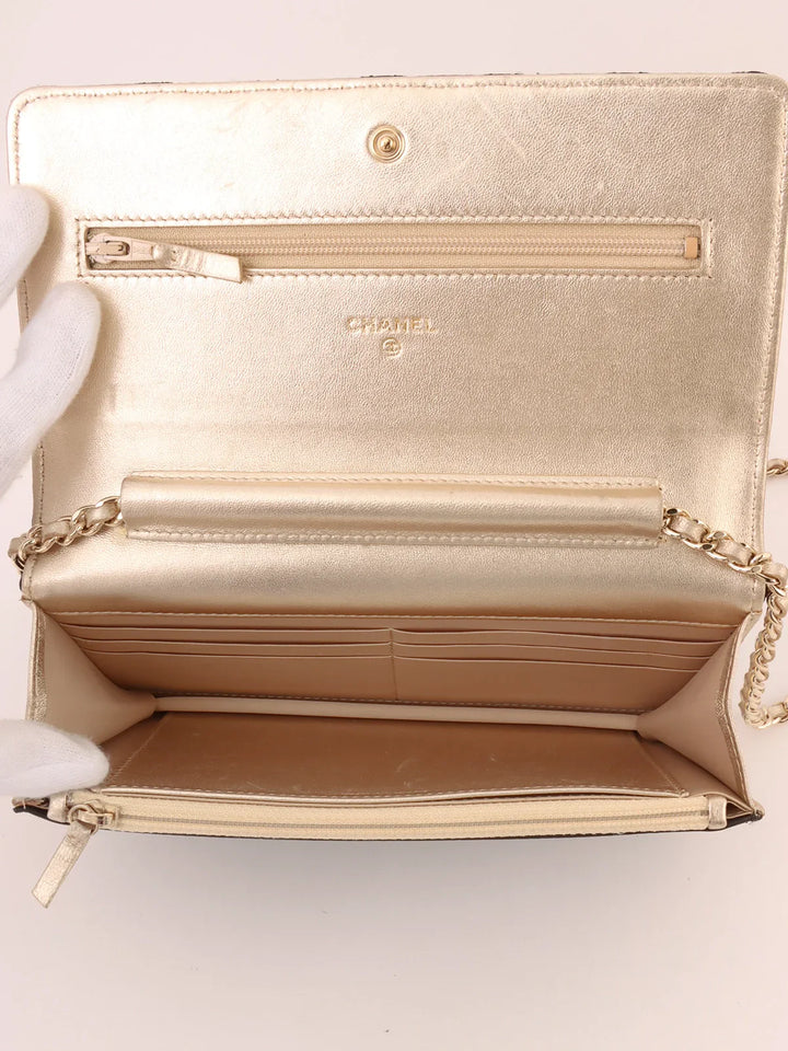 Chanel Around 2014 Made Silk Satin Mini Cc Mark Plate Wallet On Chain Black/Champagne Gold
