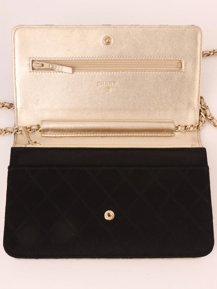Chanel Around 2014 Made Silk Satin Mini Cc Mark Plate Wallet On Chain Black/Champagne Gold