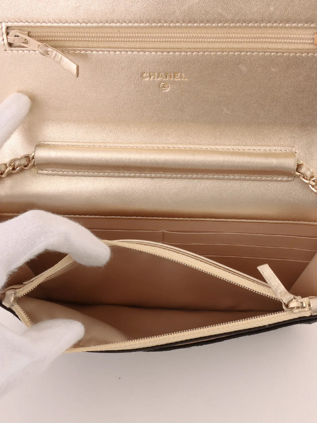 Chanel Around 2014 Made Silk Satin Mini Cc Mark Plate Wallet On Chain Black/Champagne Gold