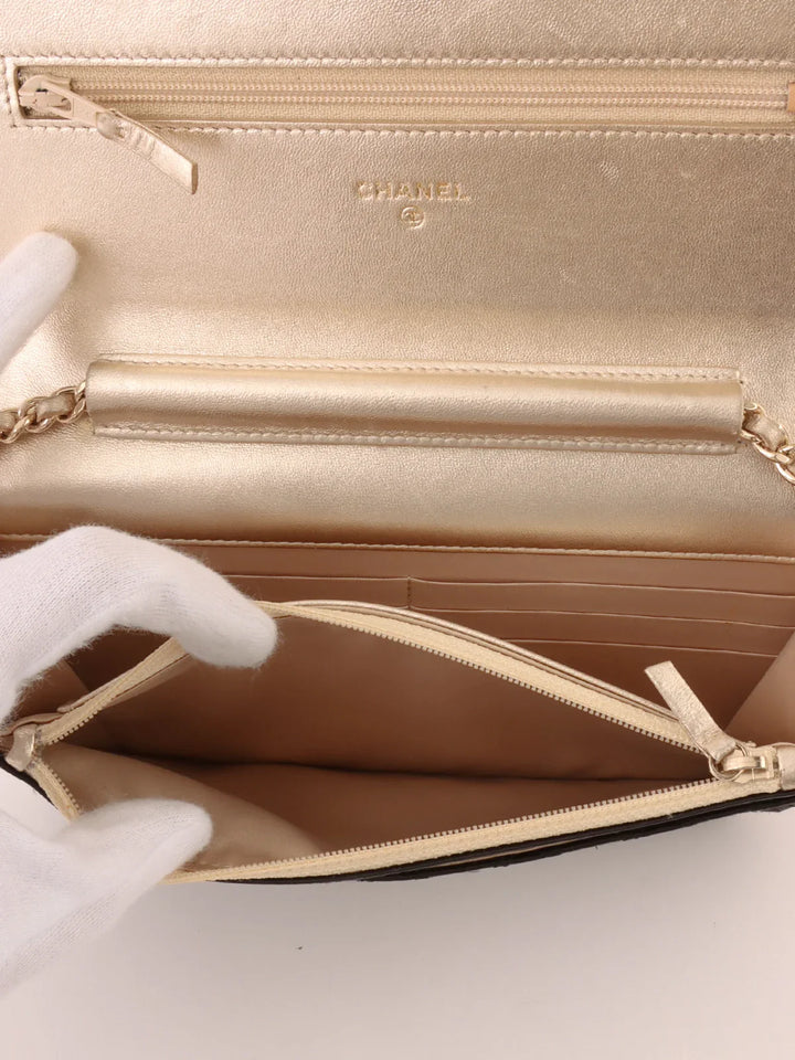 Chanel Around 2014 Made Silk Satin Mini Cc Mark Plate Wallet On Chain Black/Champagne Gold