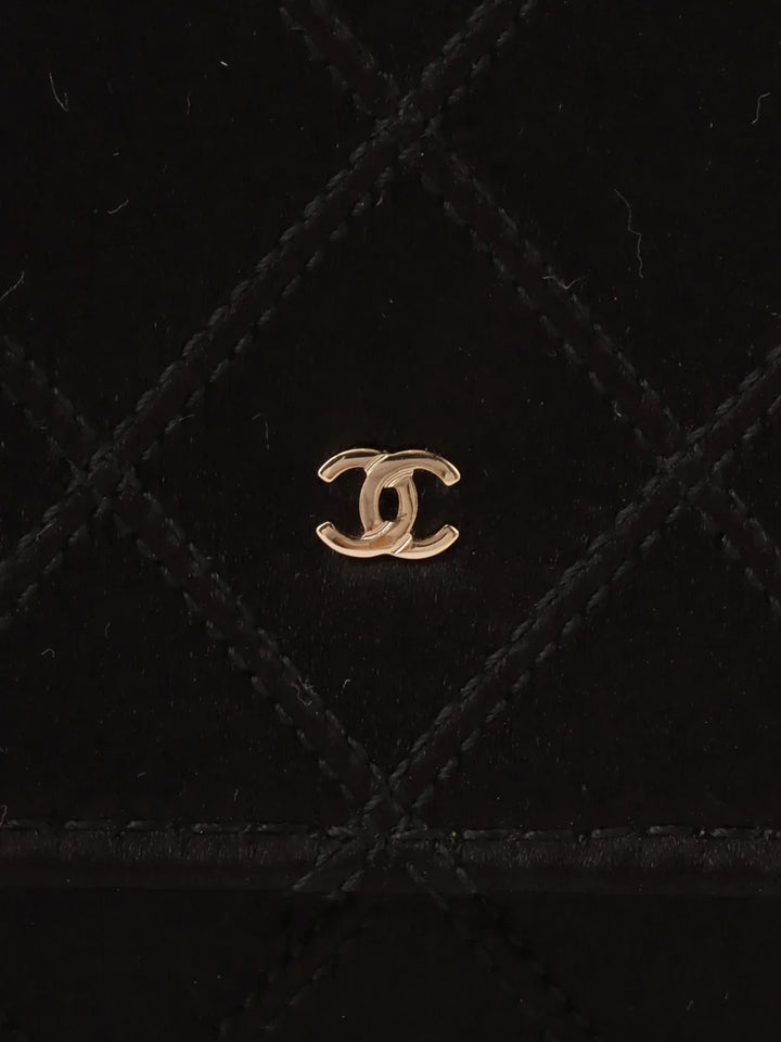 Chanel Around 2014 Made Silk Satin Mini Cc Mark Plate Wallet On Chain Black/Champagne Gold