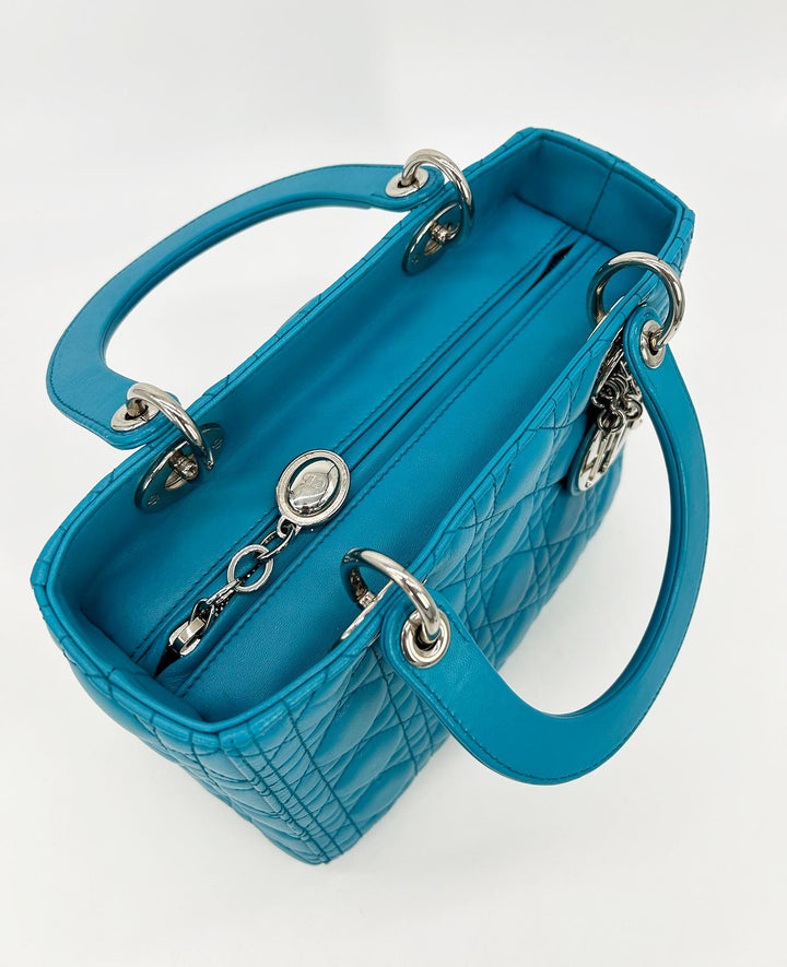 CHRISTIAN Top quality Dior Teal Leather Cannage Medium Lady Di Bag