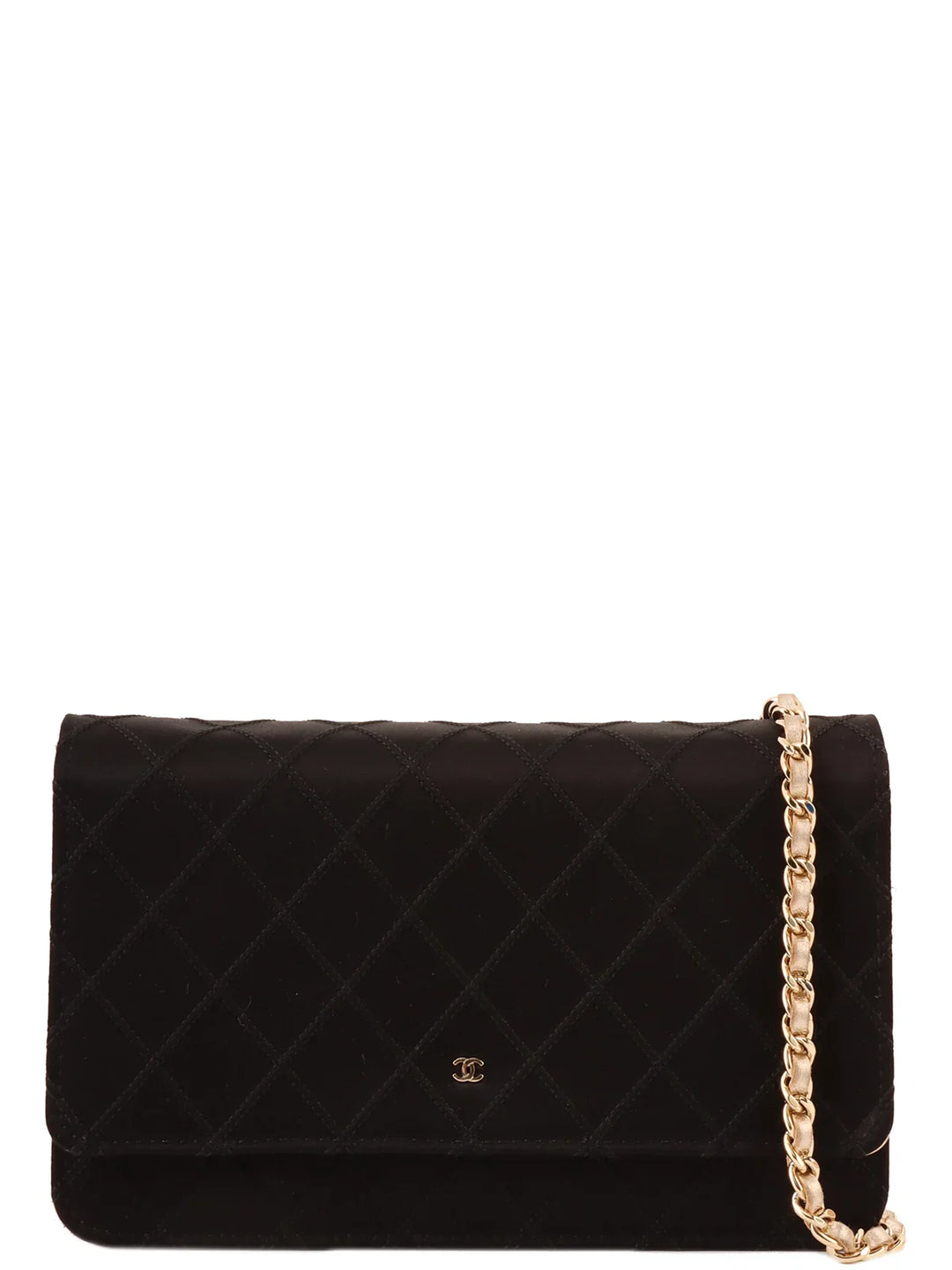 Chanel Around 2014 Made Silk Satin Mini Cc Mark Plate Wallet On Chain Black/Champagne Gold