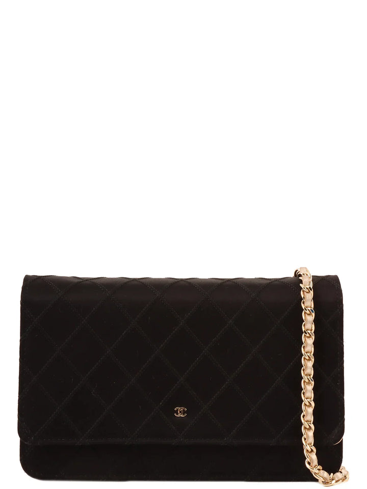 Chanel Around 2014 Made Silk Satin Mini Cc Mark Plate Wallet On Chain Black/Champagne Gold