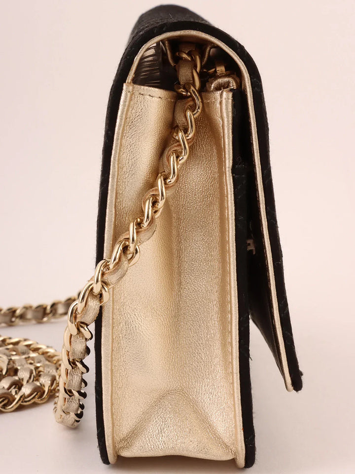 Chanel Around 2014 Made Silk Satin Mini Cc Mark Plate Wallet On Chain Black/Champagne Gold