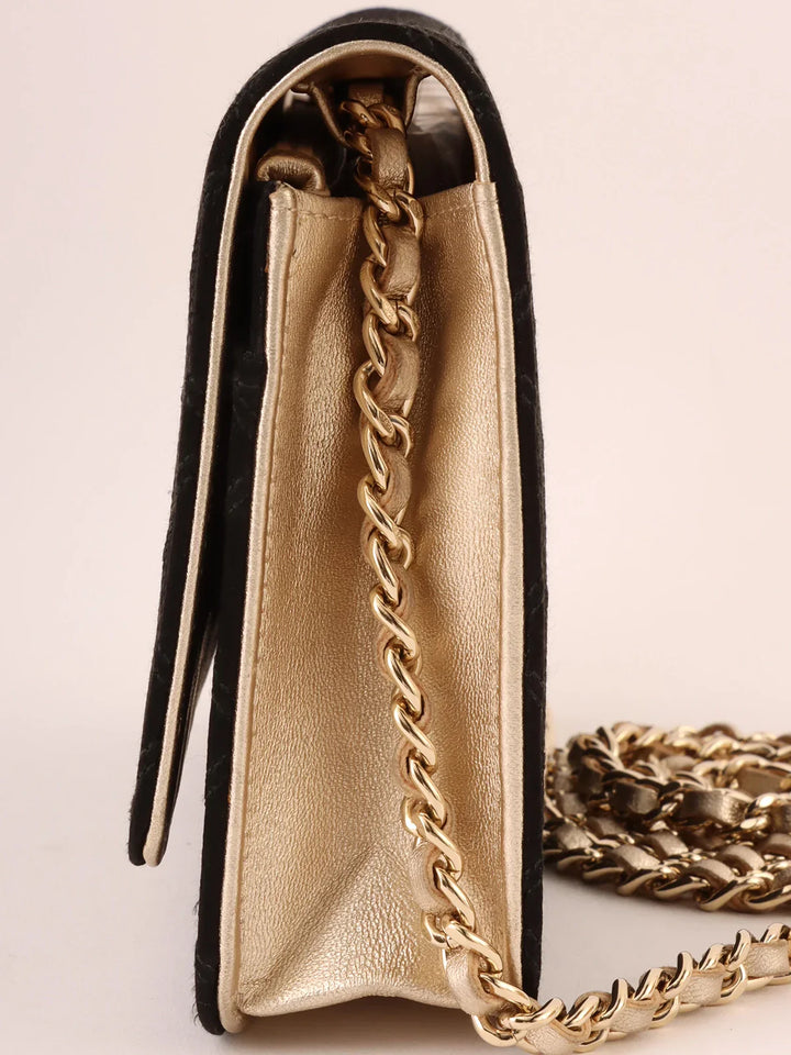 Chanel Around 2014 Made Silk Satin Mini Cc Mark Plate Wallet On Chain Black/Champagne Gold