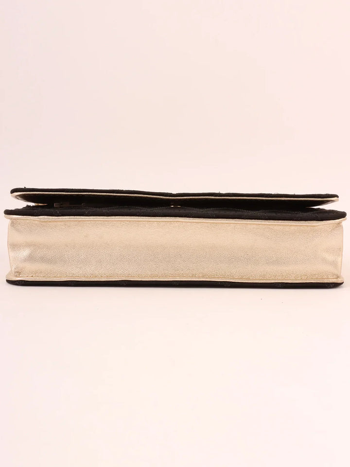 Chanel Around 2014 Made Silk Satin Mini Cc Mark Plate Wallet On Chain Black/Champagne Gold