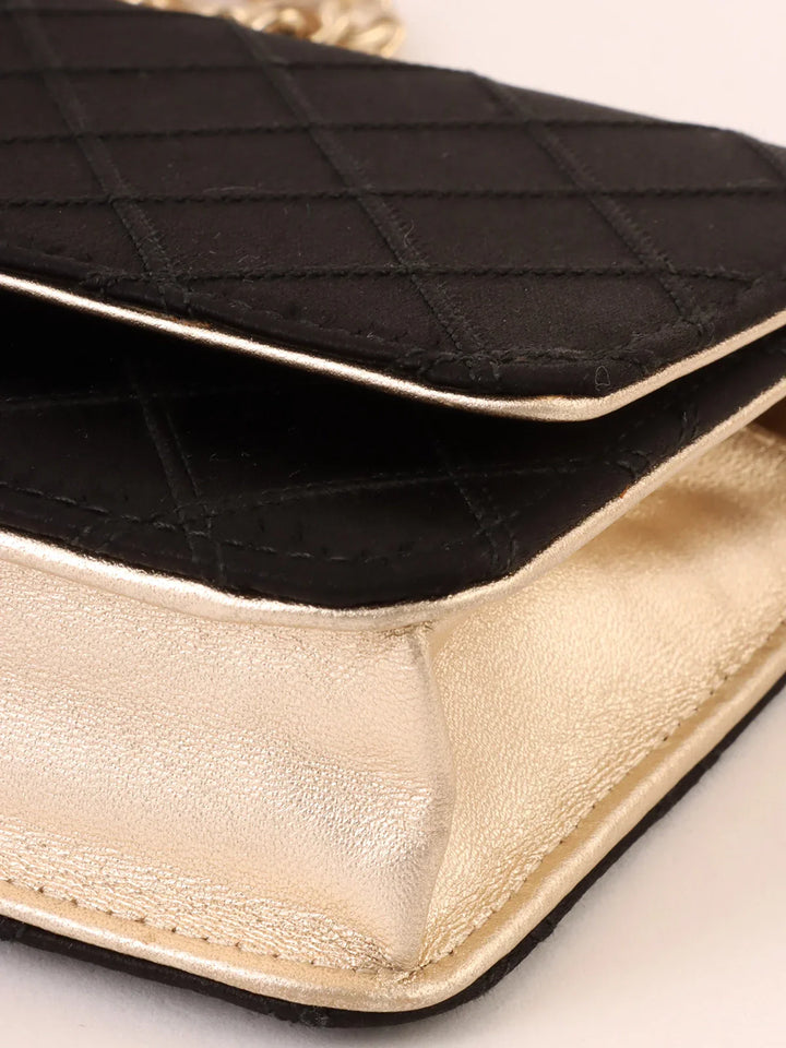 Chanel Around 2014 Made Silk Satin Mini Cc Mark Plate Wallet On Chain Black/Champagne Gold