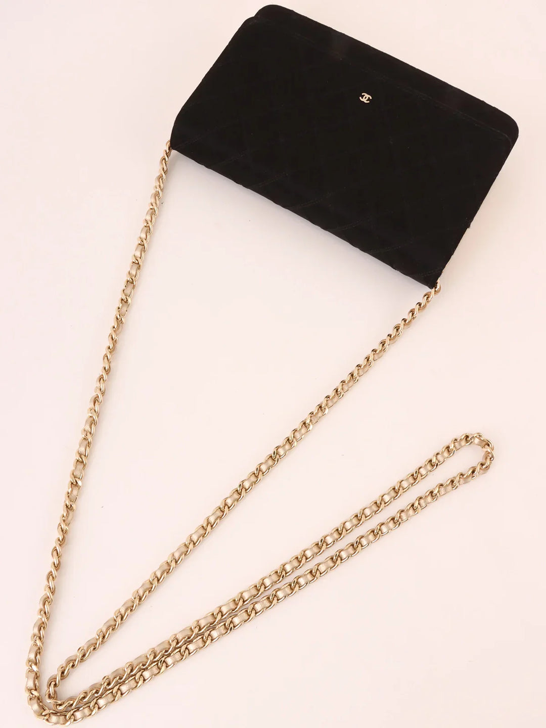 Chanel Around 2014 Made Silk Satin Mini Cc Mark Plate Wallet On Chain Black/Champagne Gold