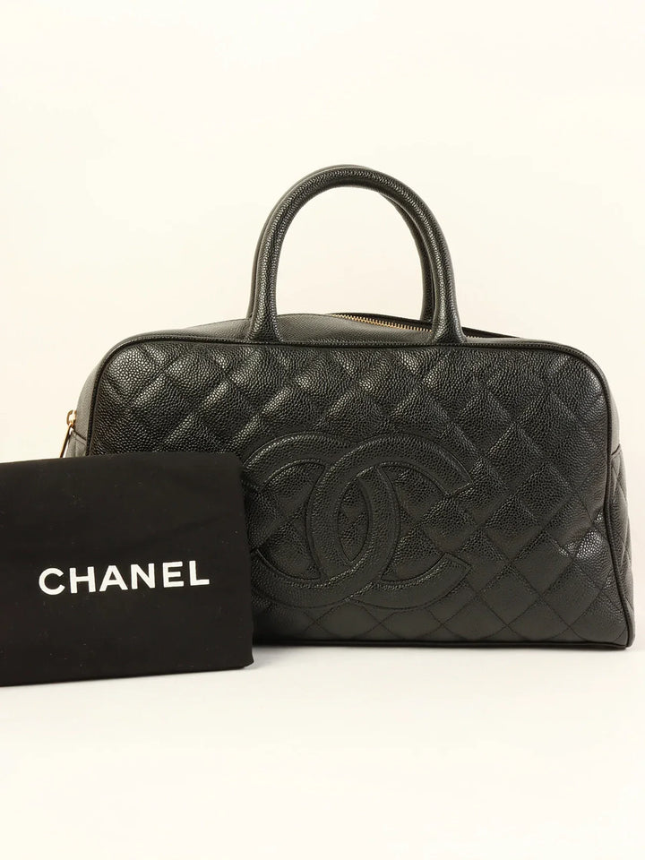 Chanel Around 2003 Made Caviar Skin Cc Mark Stitch Boston Bag Black