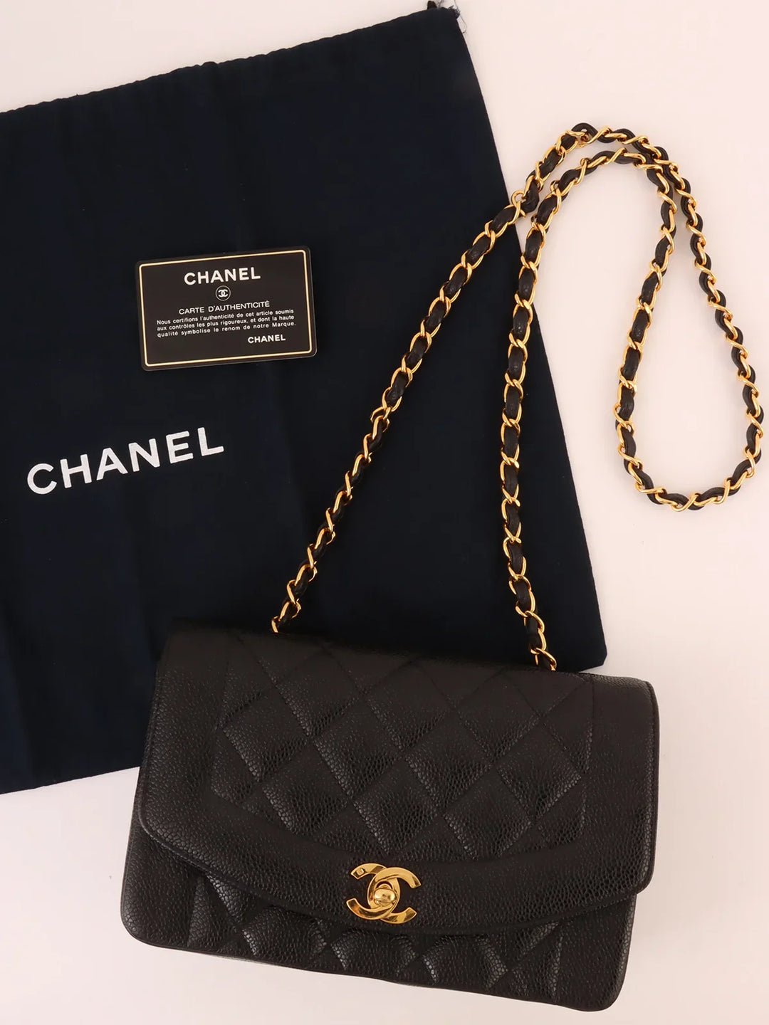 Chanel Around 1992 Made Caviar Skin Diana New Chain Bag 22Cm Black