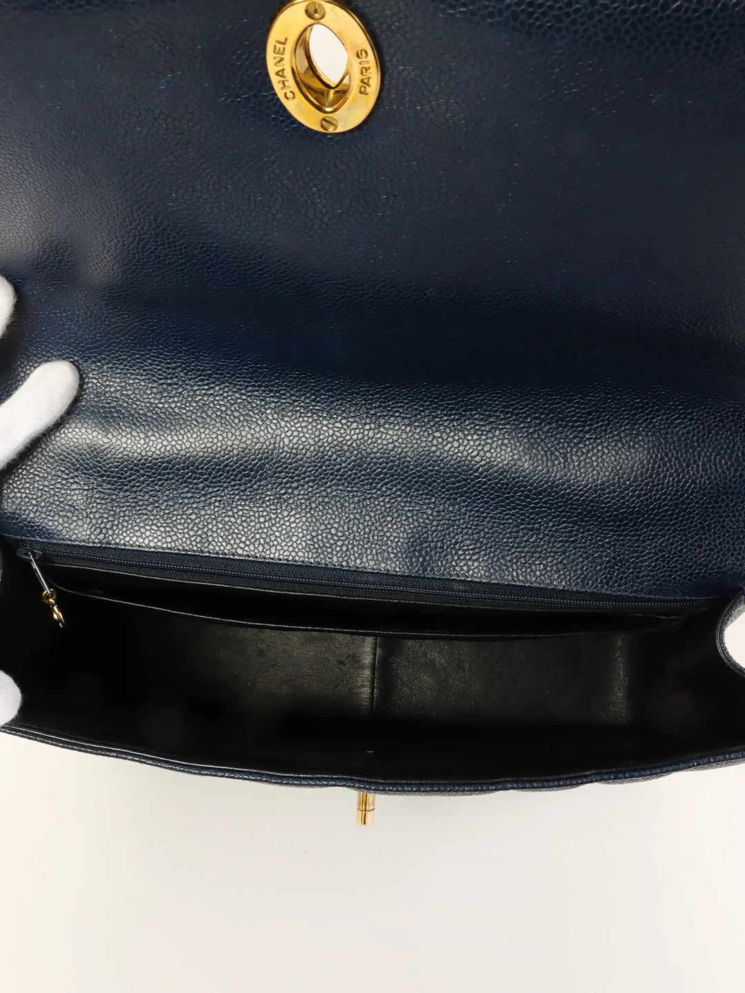 Chanel Around 1995 Made Caviar Skin Mademoiselle Stitch Turn-Lock Top Handle Bag Navy