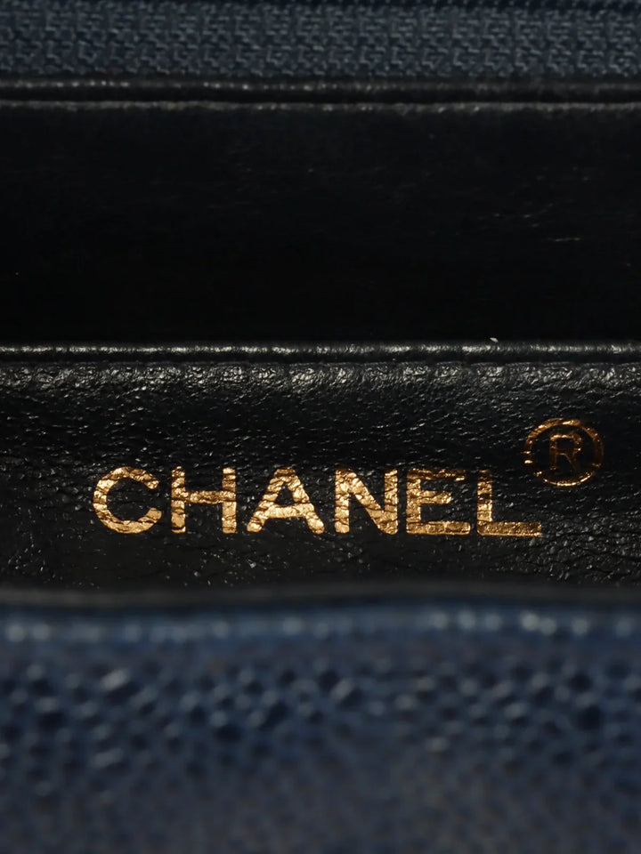 Chanel Around 1995 Made Caviar Skin Mademoiselle Stitch Turn-Lock Top Handle Bag Navy