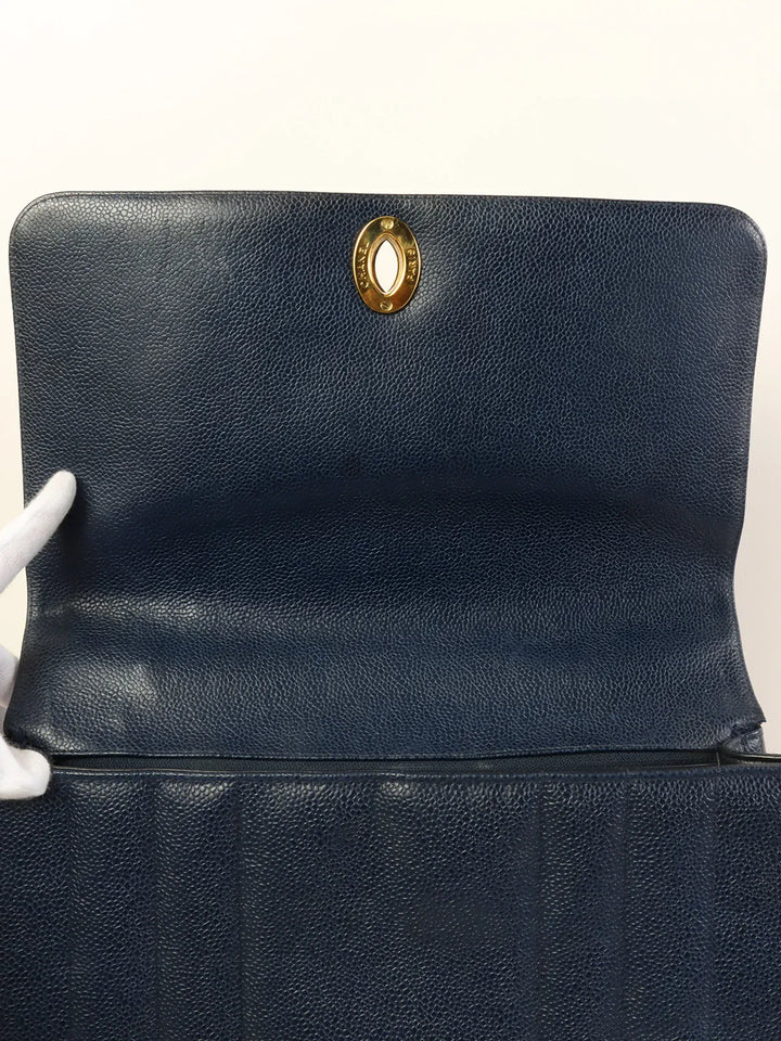 Chanel Around 1995 Made Caviar Skin Mademoiselle Stitch Turn-Lock Top Handle Bag Navy