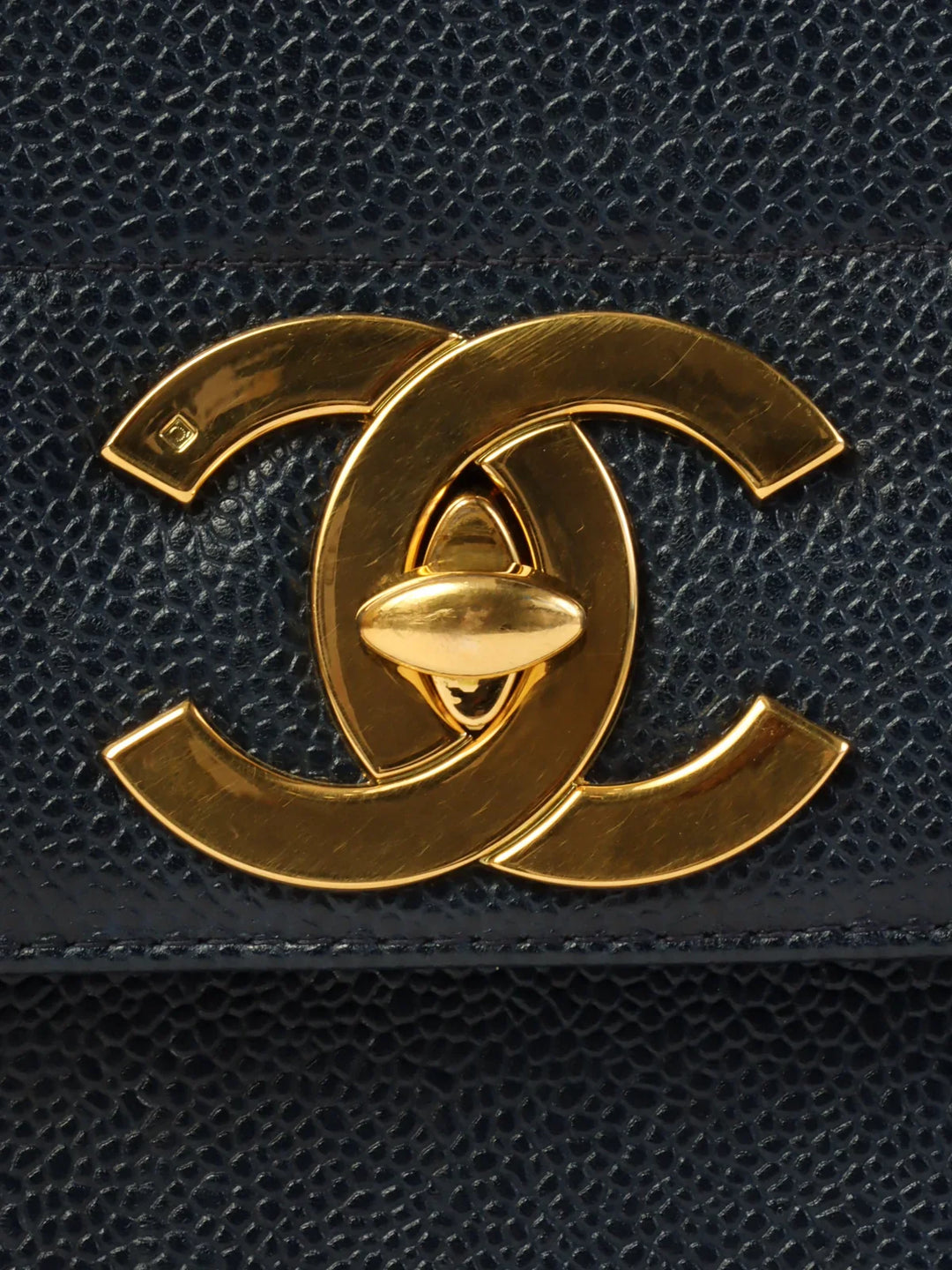 Chanel Around 1995 Made Caviar Skin Mademoiselle Stitch Turn-Lock Top Handle Bag Navy