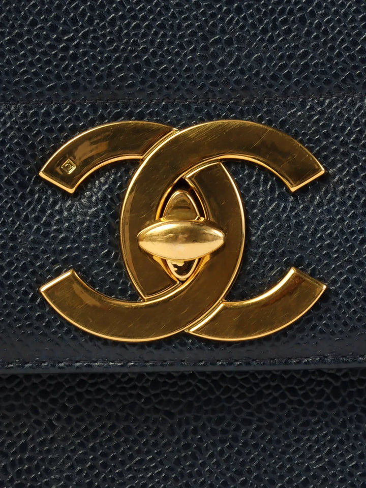 Chanel Around 1995 Made Caviar Skin Mademoiselle Stitch Turn-Lock Top Handle Bag Navy