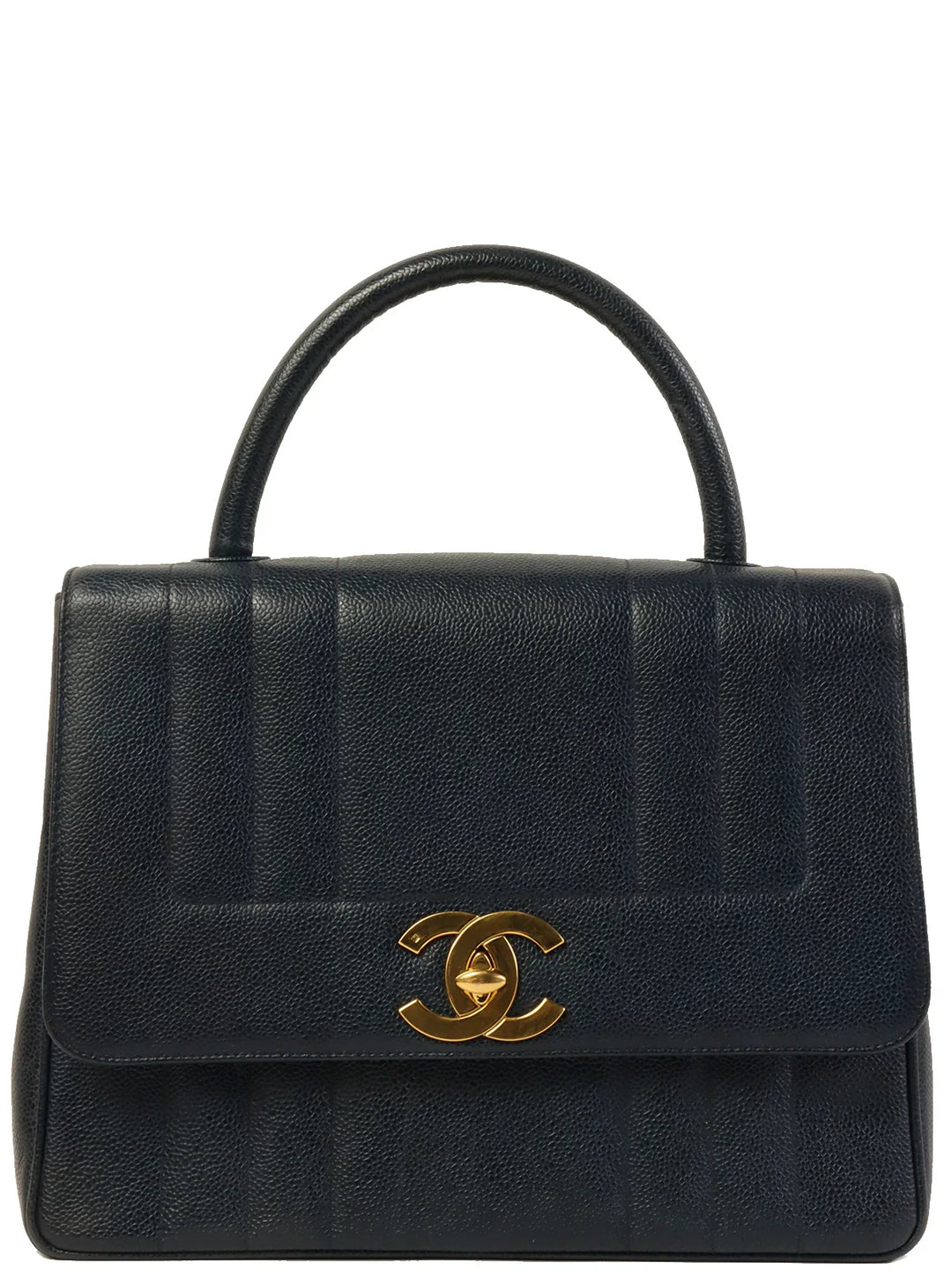 Chanel Around 1995 Made Caviar Skin Mademoiselle Stitch Turn-Lock Top Handle Bag Navy
