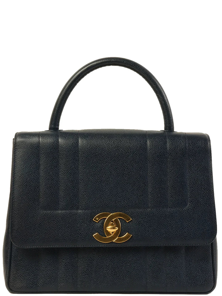 Chanel Around 1995 Made Caviar Skin Mademoiselle Stitch Turn-Lock Top Handle Bag Navy