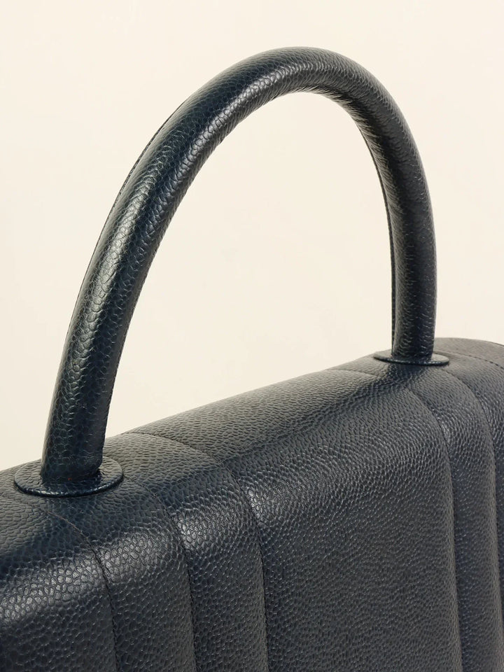 Chanel Around 1995 Made Caviar Skin Mademoiselle Stitch Turn-Lock Top Handle Bag Navy