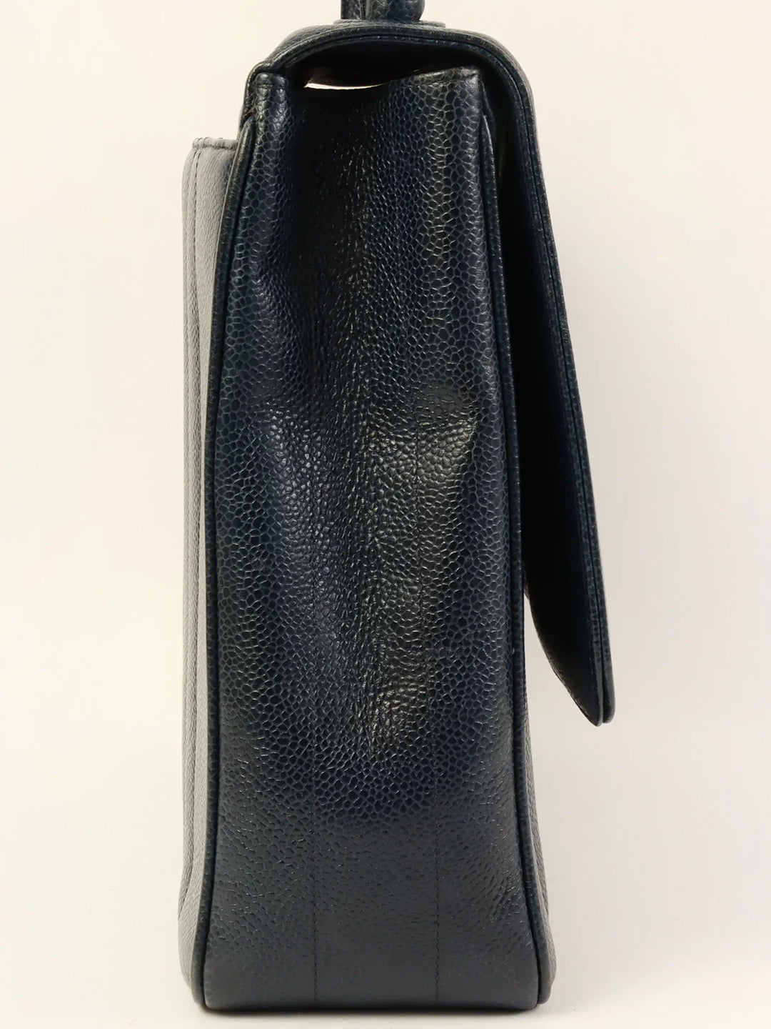 Chanel Around 1995 Made Caviar Skin Mademoiselle Stitch Turn-Lock Top Handle Bag Navy