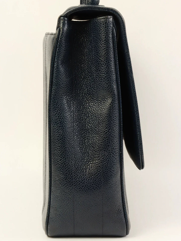 Chanel Around 1995 Made Caviar Skin Mademoiselle Stitch Turn-Lock Top Handle Bag Navy