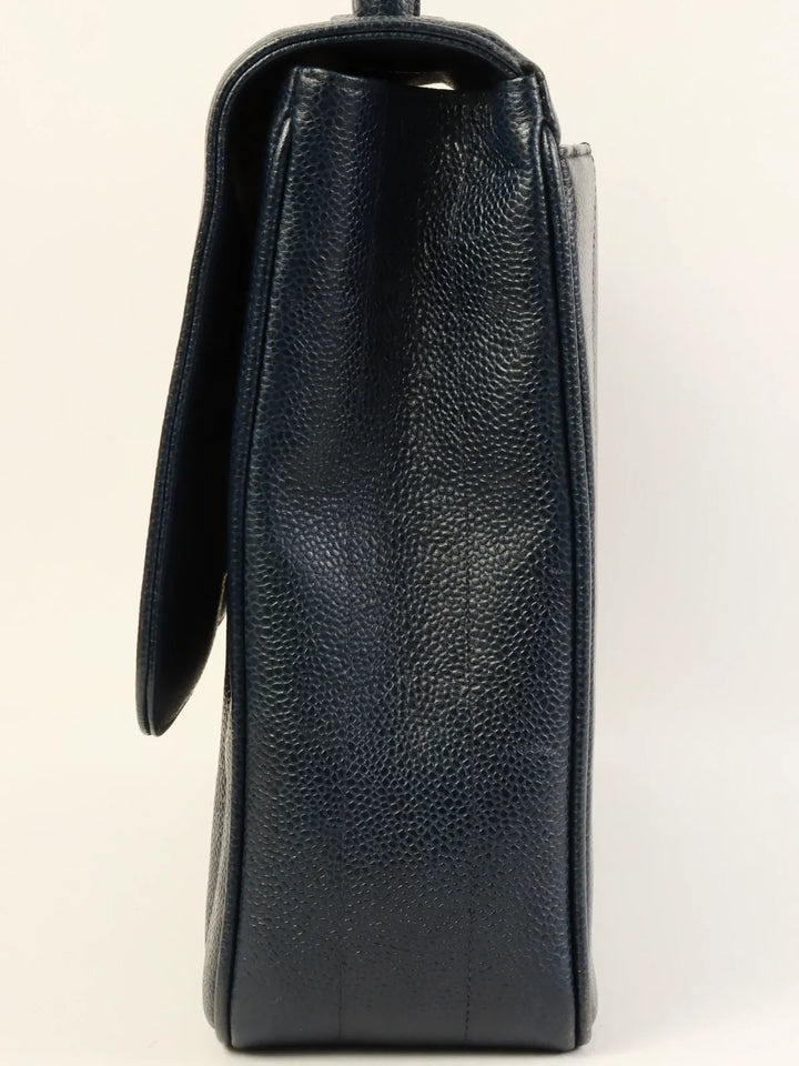 Chanel Around 1995 Made Caviar Skin Mademoiselle Stitch Turn-Lock Top Handle Bag Navy