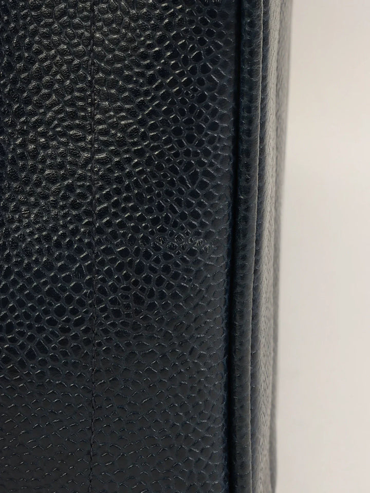 Chanel Around 1995 Made Caviar Skin Mademoiselle Stitch Turn-Lock Top Handle Bag Navy