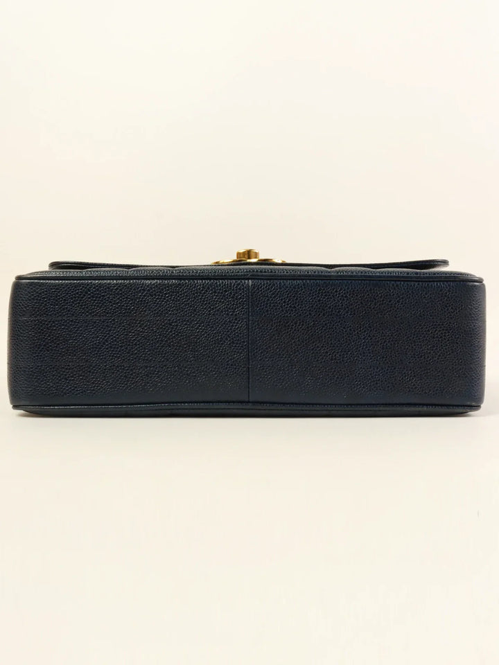 Chanel Around 1995 Made Caviar Skin Mademoiselle Stitch Turn-Lock Top Handle Bag Navy