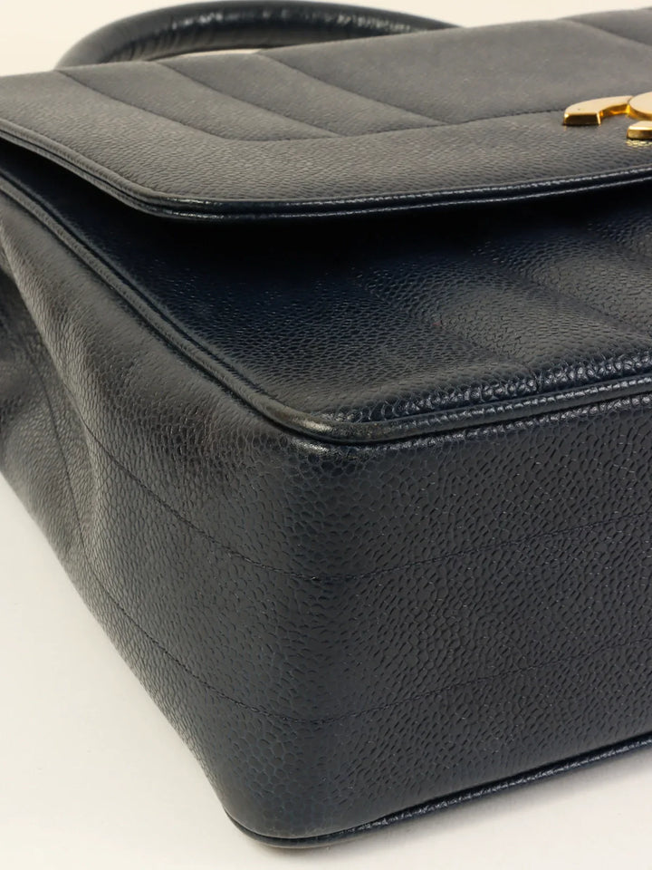 Chanel Around 1995 Made Caviar Skin Mademoiselle Stitch Turn-Lock Top Handle Bag Navy