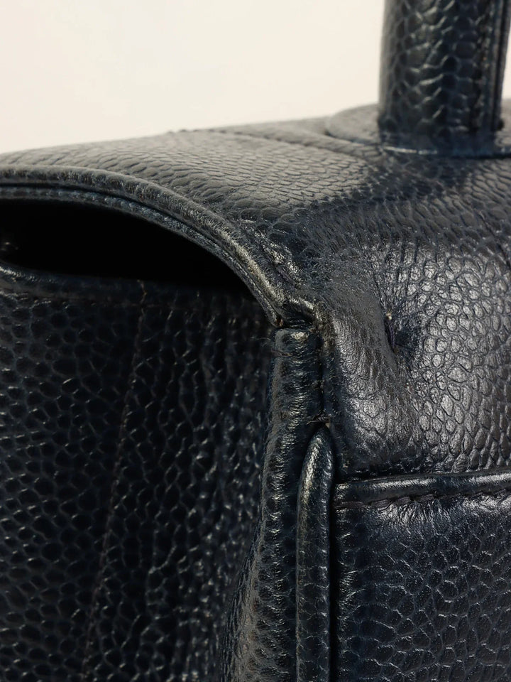 Chanel Around 1995 Made Caviar Skin Mademoiselle Stitch Turn-Lock Top Handle Bag Navy