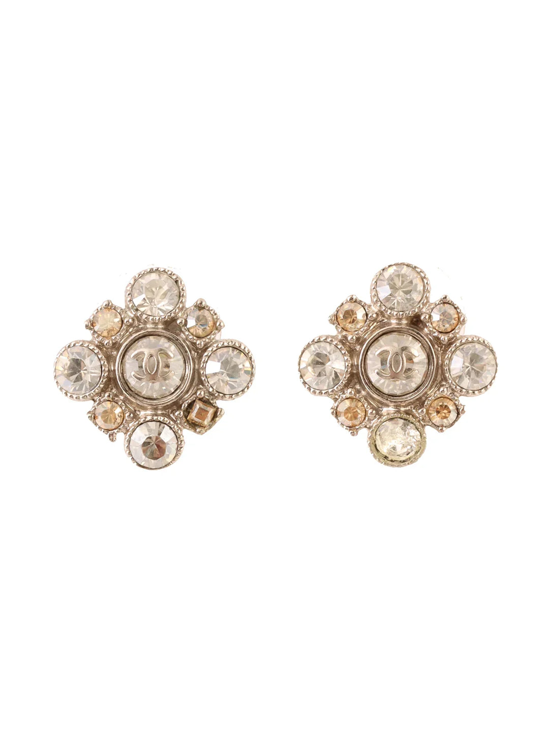 Chanel 2010 Made Rhinestone Diamond Motif Cc Mark Pierced Earrings Silver