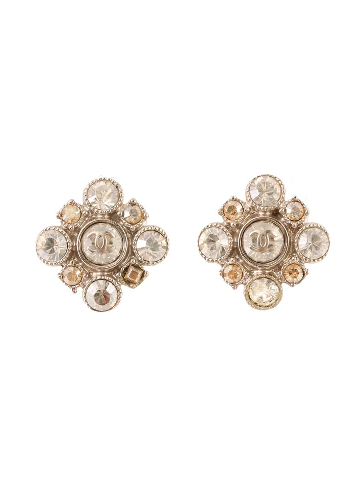 Chanel 2010 Made Rhinestone Diamond Motif Cc Mark Pierced Earrings Silver