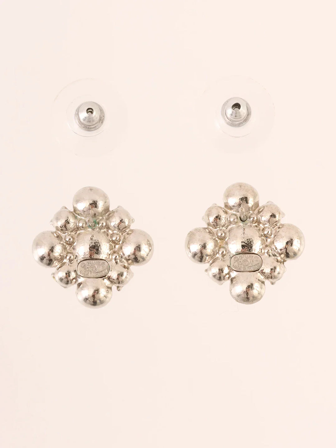 Chanel 2010 Made Rhinestone Diamond Motif Cc Mark Pierced Earrings Silver