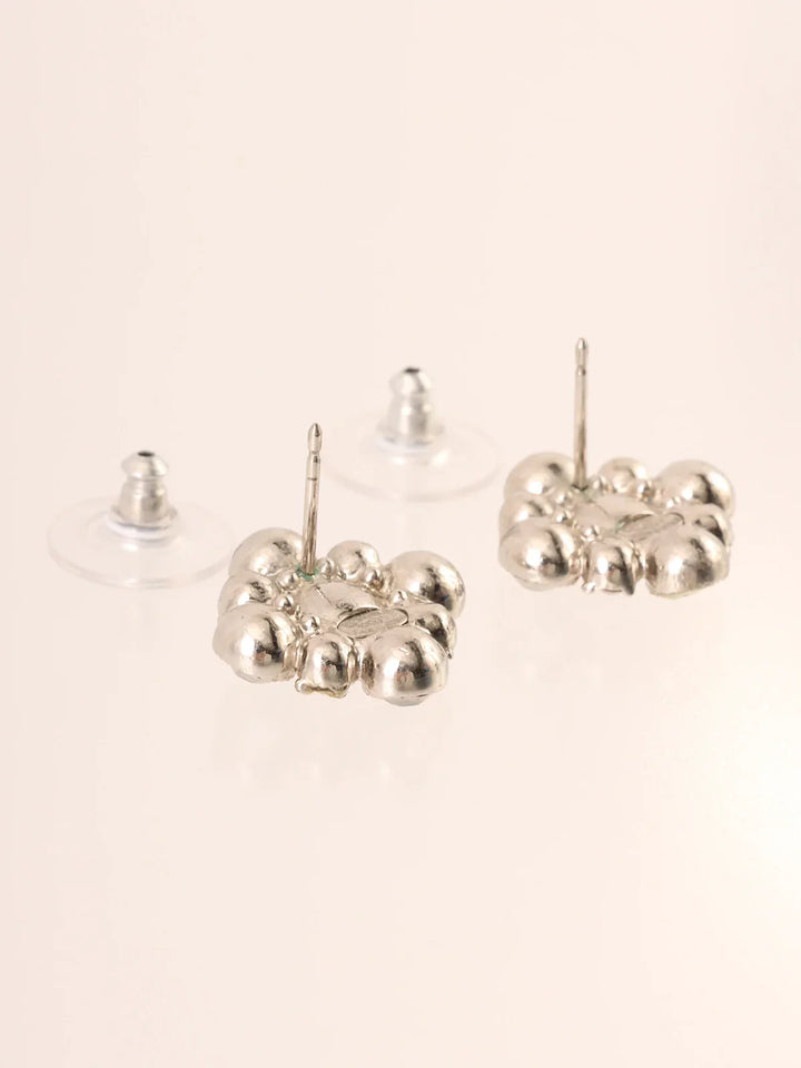 Chanel 2010 Made Rhinestone Diamond Motif Cc Mark Pierced Earrings Silver