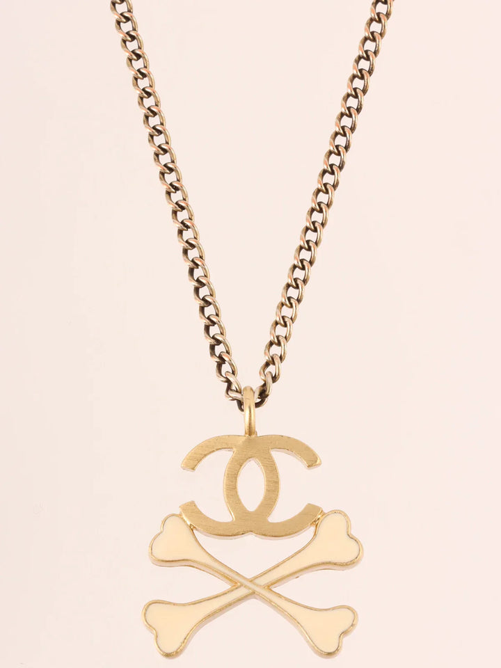 Chanel 2003 Made Cross Bone Cc Mark Necklace Gold/Ivory