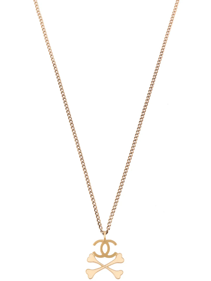 Chanel 2003 Made Cross Bone Cc Mark Necklace Gold/Ivory