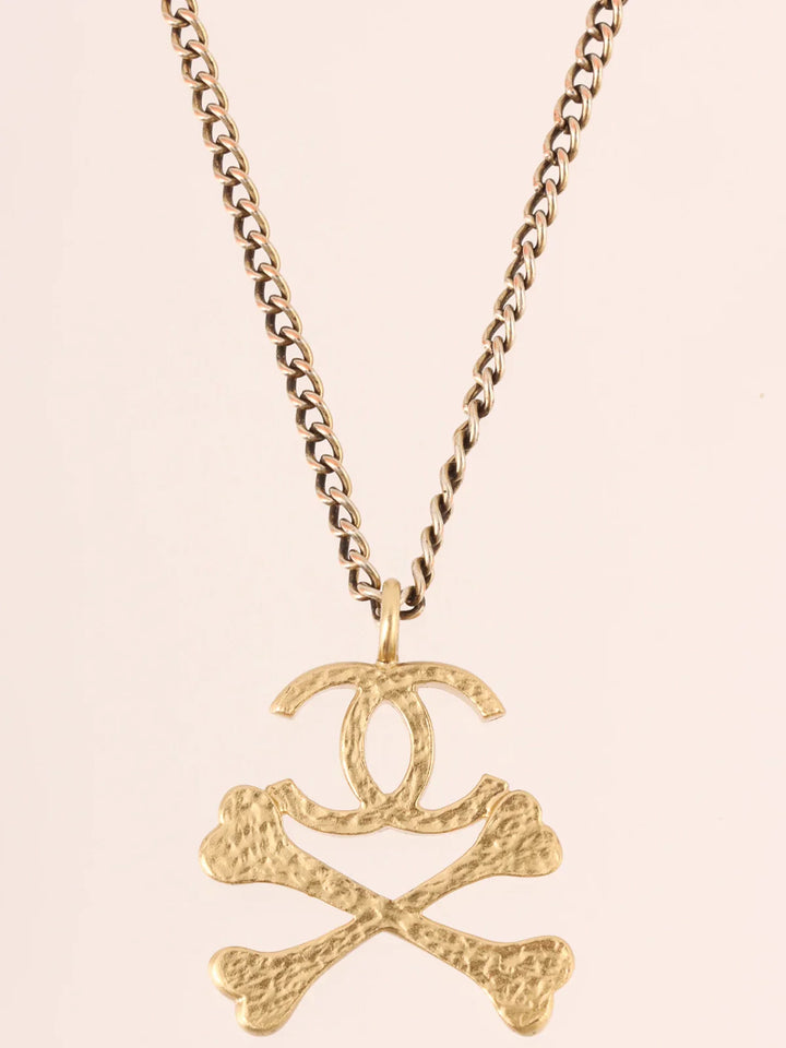 Chanel 2003 Made Cross Bone Cc Mark Necklace Gold/Ivory
