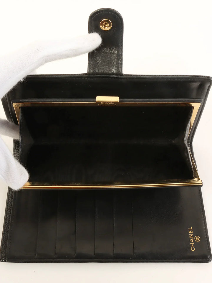 Chanel Around 2001 Made Caviar Skin Cc Mark Stitch Long Wallet Black