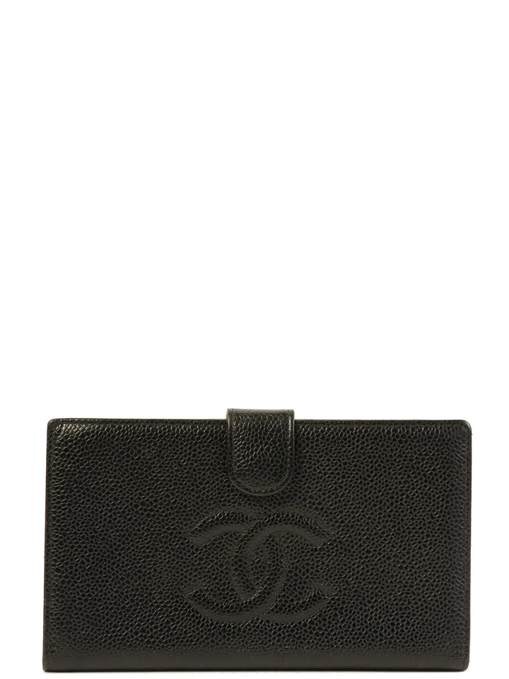 Chanel Around 2001 Made Caviar Skin Cc Mark Stitch Long Wallet Black