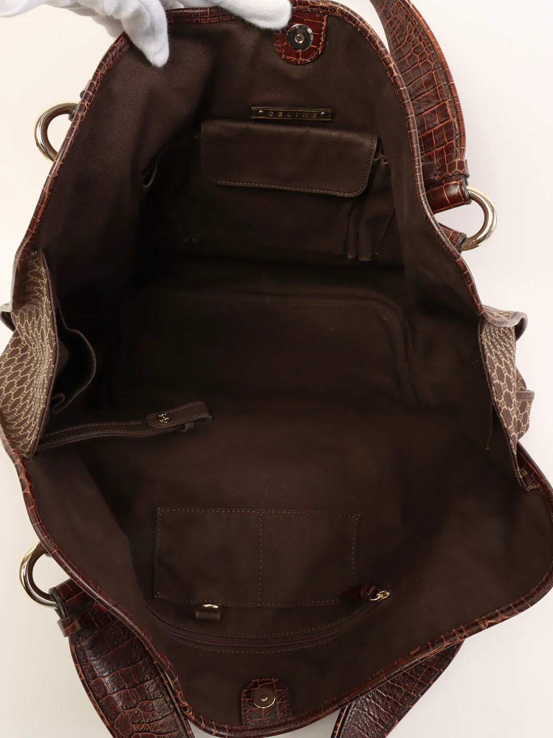 Celine Canvas Crocodeile Embossed Combination Macadam Pattern Logo Plate Tote Bag Brown