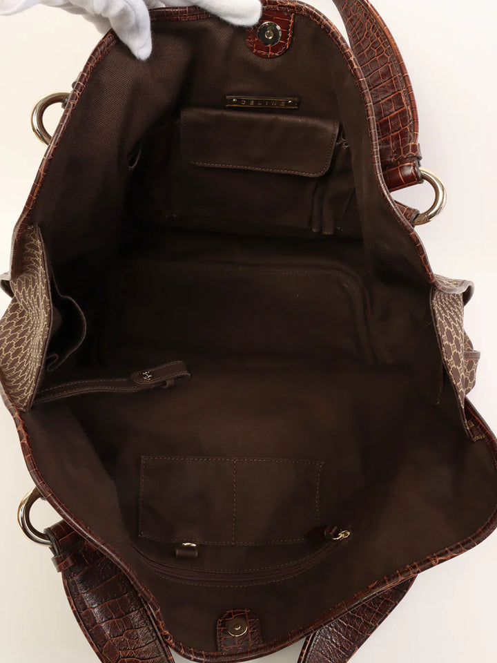 Celine Canvas Crocodeile Embossed Combination Macadam Pattern Logo Plate Tote Bag Brown