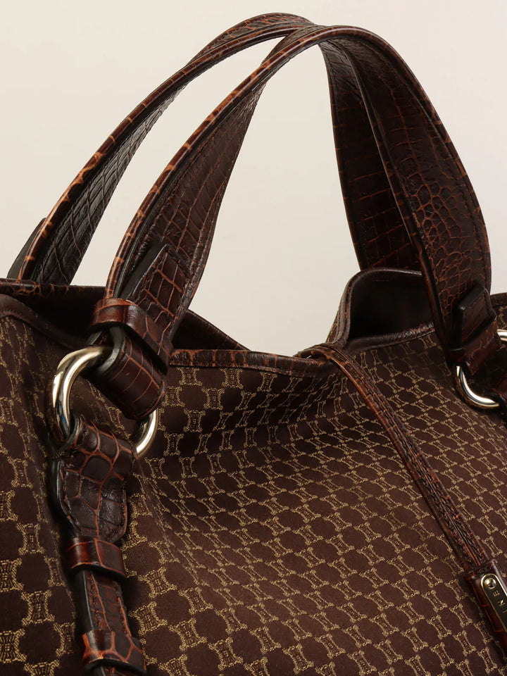 Celine Canvas Crocodeile Embossed Combination Macadam Pattern Logo Plate Tote Bag Brown