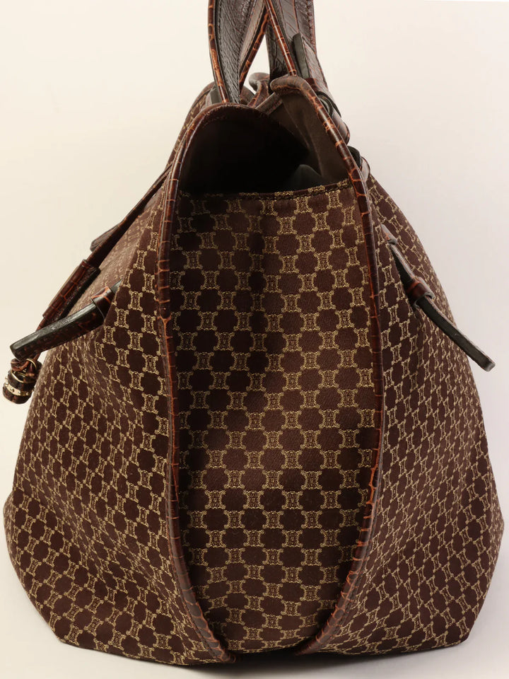 Celine Canvas Crocodeile Embossed Combination Macadam Pattern Logo Plate Tote Bag Brown