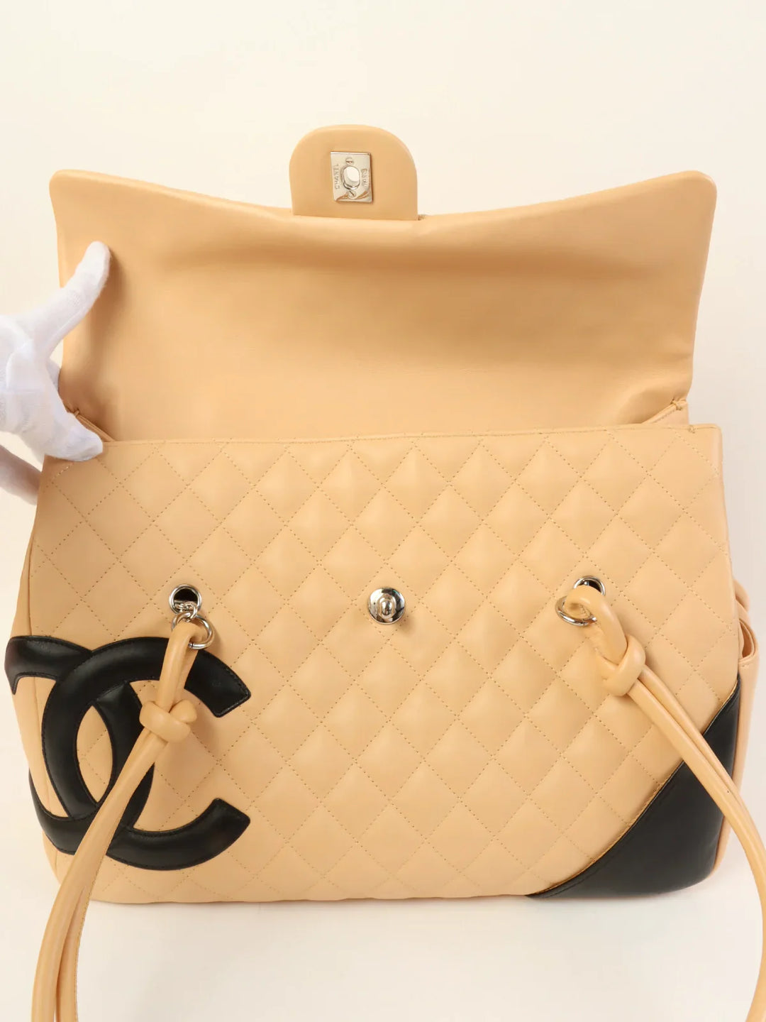 Chanel Around 2004 Made Cambon Turn-Lock Tote Bag Beige/Black