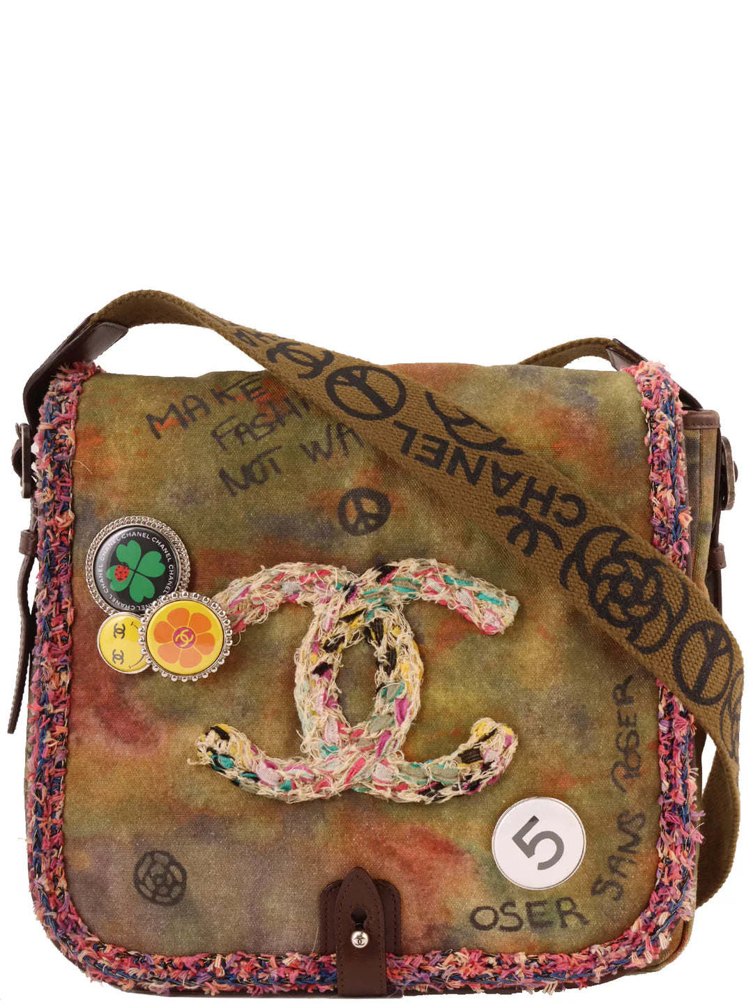 Chanel Around 2014 Made Canvas Tweed Combination Embroidery Shoulder Bag Khaki/Multi