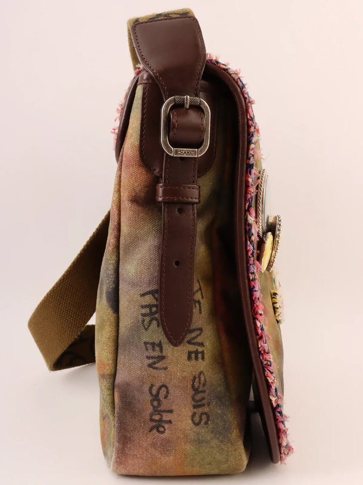 Chanel Around 2014 Made Canvas Tweed Combination Embroidery Shoulder Bag Khaki/Multi